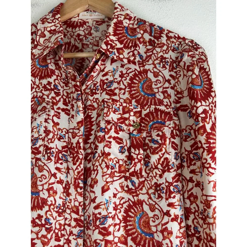 Tory Burch Madura Acai Floral Paisley Silk Twill Blouse Size 6